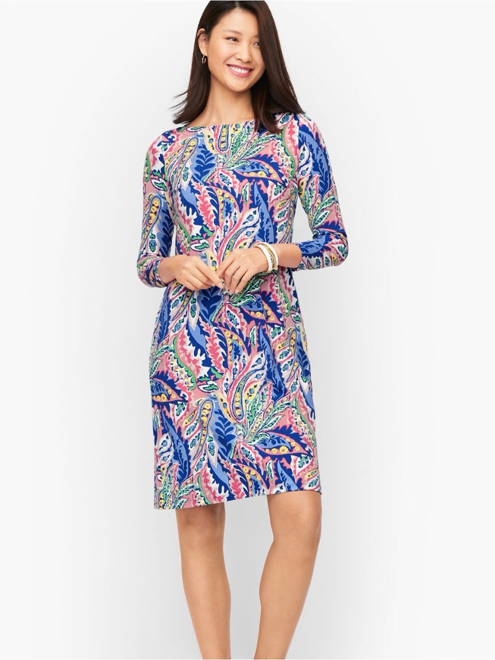 Talbots Botanical Paisley Jersey Shift Dress XL 3/4 Sleeve Stretch Performance
